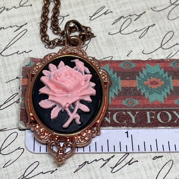 Gothic Steampunk Halloween Rose Gold Necklace Black Pink Rose Cameo Jewelry - Picture 10 of 11